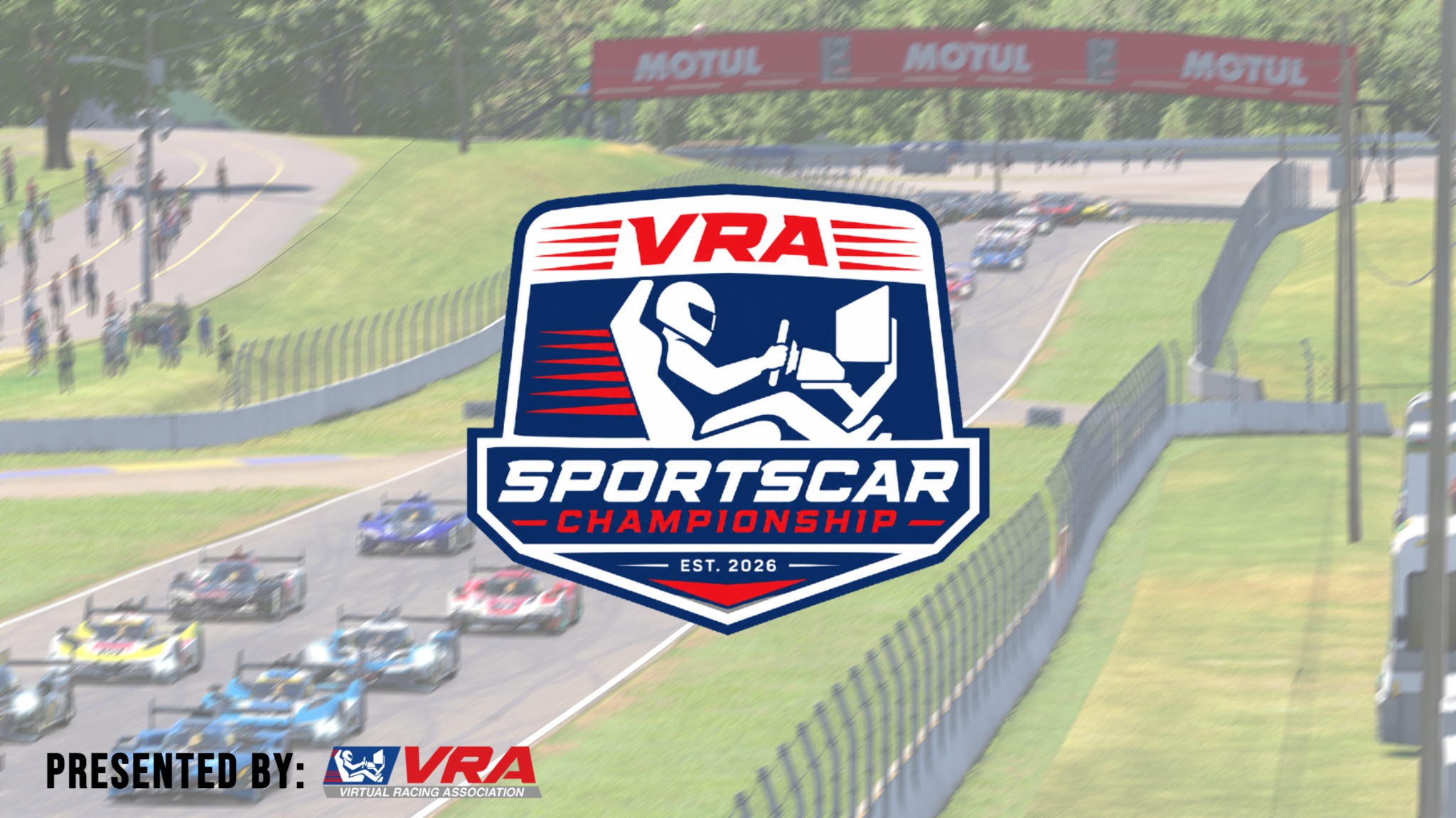 VRA SportsCar Championship badge over a field of sports cars on track, presented by the Virtual Racing Association