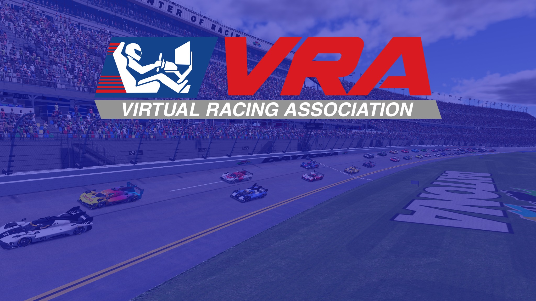 VRA Virtual Racing Association logo above a multiclass field racing at Daytona